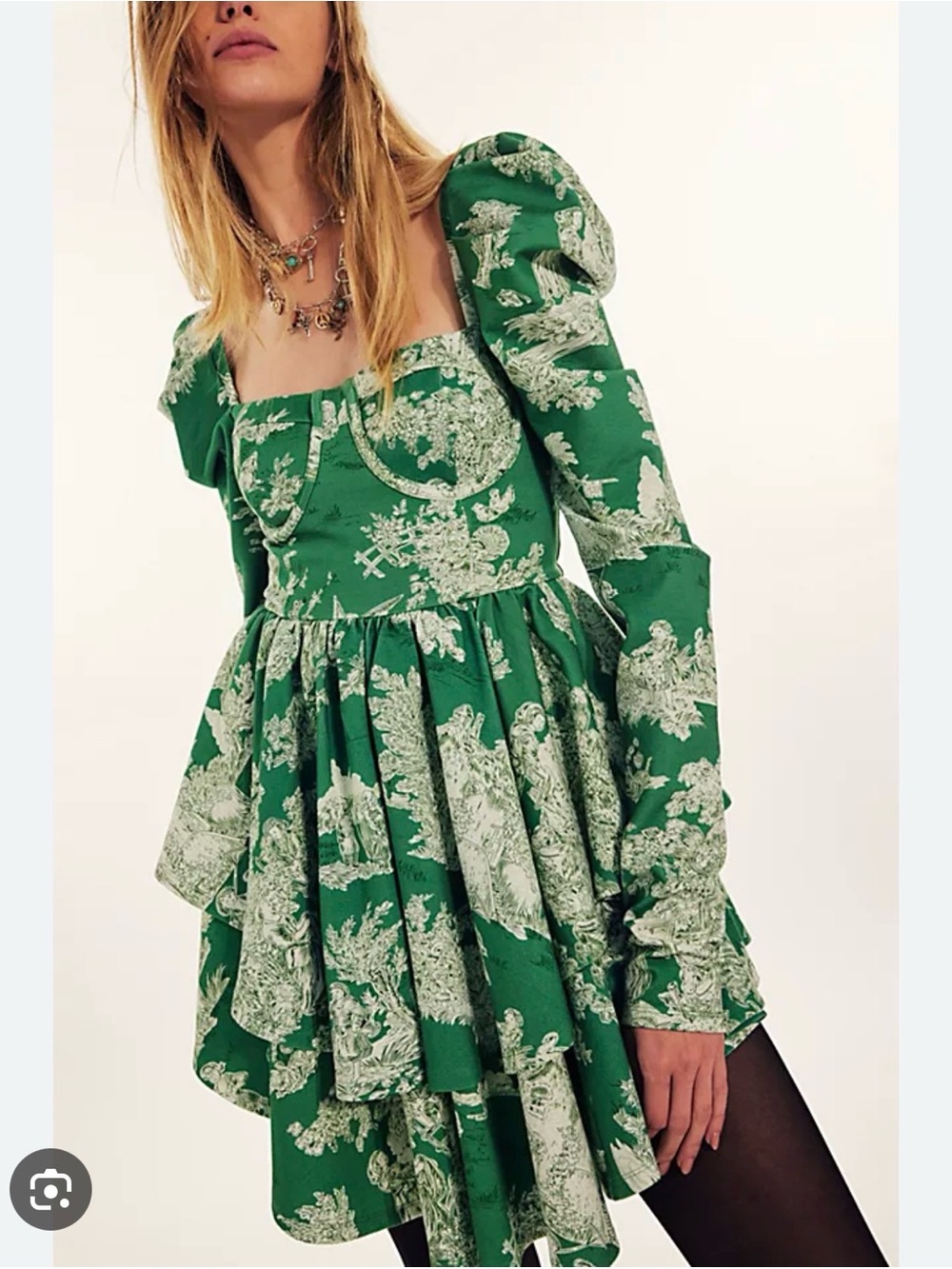 Selkie Green Printed Puff-Sleeve Mini Dress